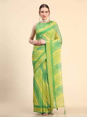 Yellow Green Chiffon Brasso Trendy Leheriya Stripped Printed Fancy Saree With Running Blouse Piece 2
