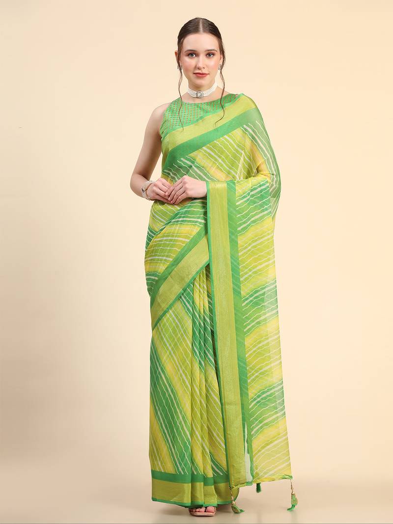 Yellow Green Chiffon Brasso Trendy Leheriya Stripped Printed Fancy Saree With Running Blouse Piece