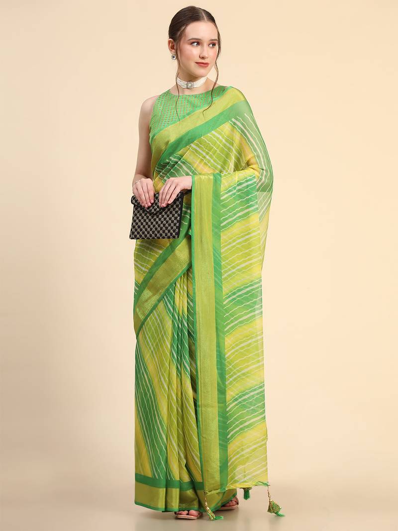 Yellow Green Chiffon Brasso Trendy Leheriya Stripped Printed Fancy Saree With Running Blouse Piece