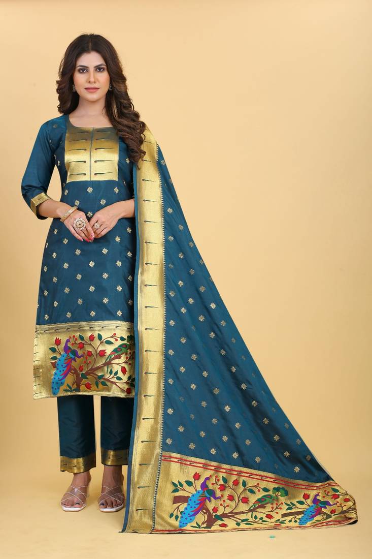 Blue Color Banarasi Soft Silk Golden Zari Mill Print Weaving Salwar Kameez
