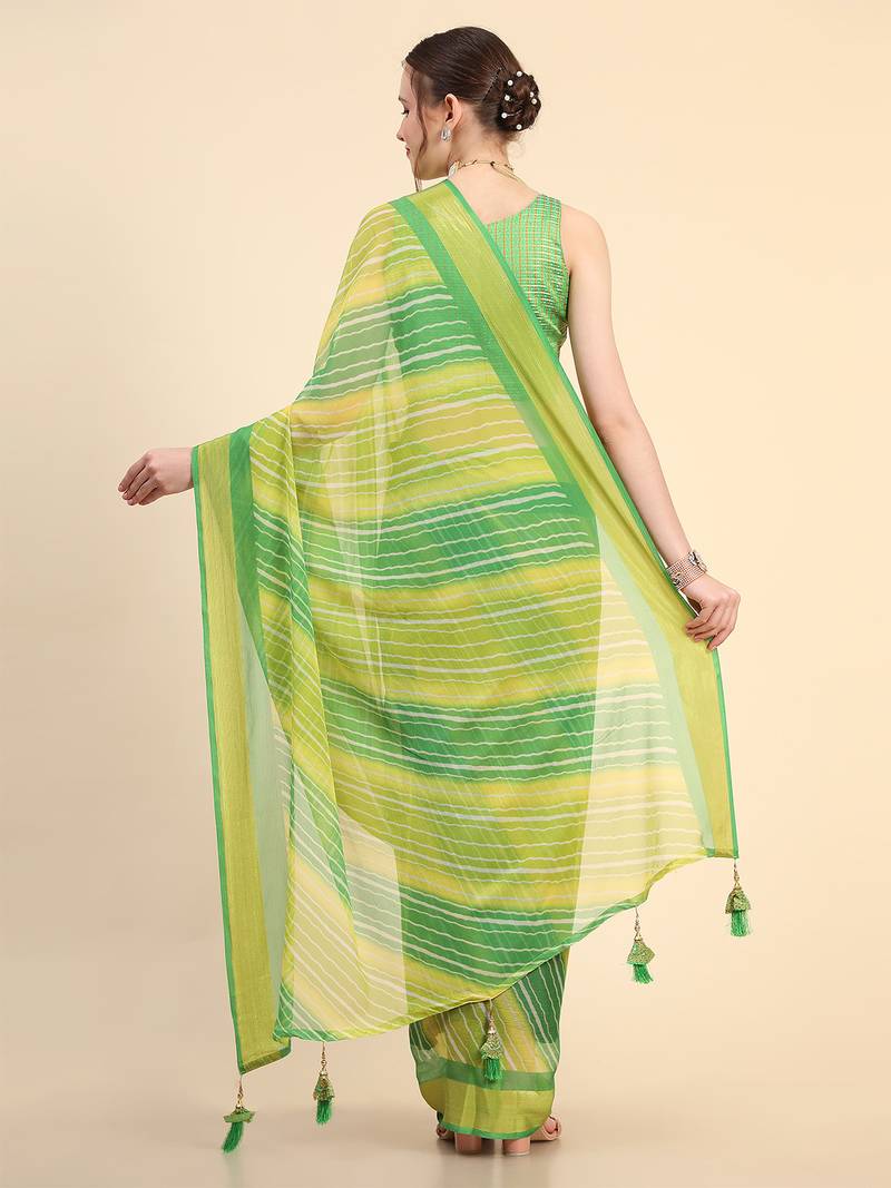 Yellow Green Chiffon Brasso Trendy Leheriya Stripped Printed Fancy Saree With Running Blouse Piece