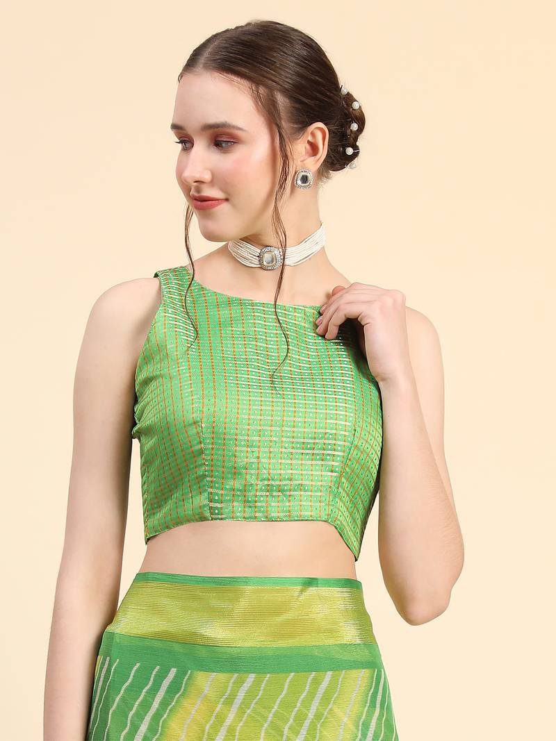 Yellow Green Chiffon Brasso Trendy Leheriya Stripped Printed Fancy Saree With Running Blouse Piece