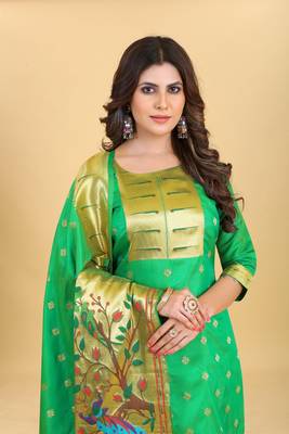 Green Color Banarasi Soft Silk Golden Zari Mill Print Weaving Salwar Kameez 1