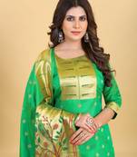 Green Color Banarasi Soft Silk Golden Zari Mill Print Weaving Salwar Kameez