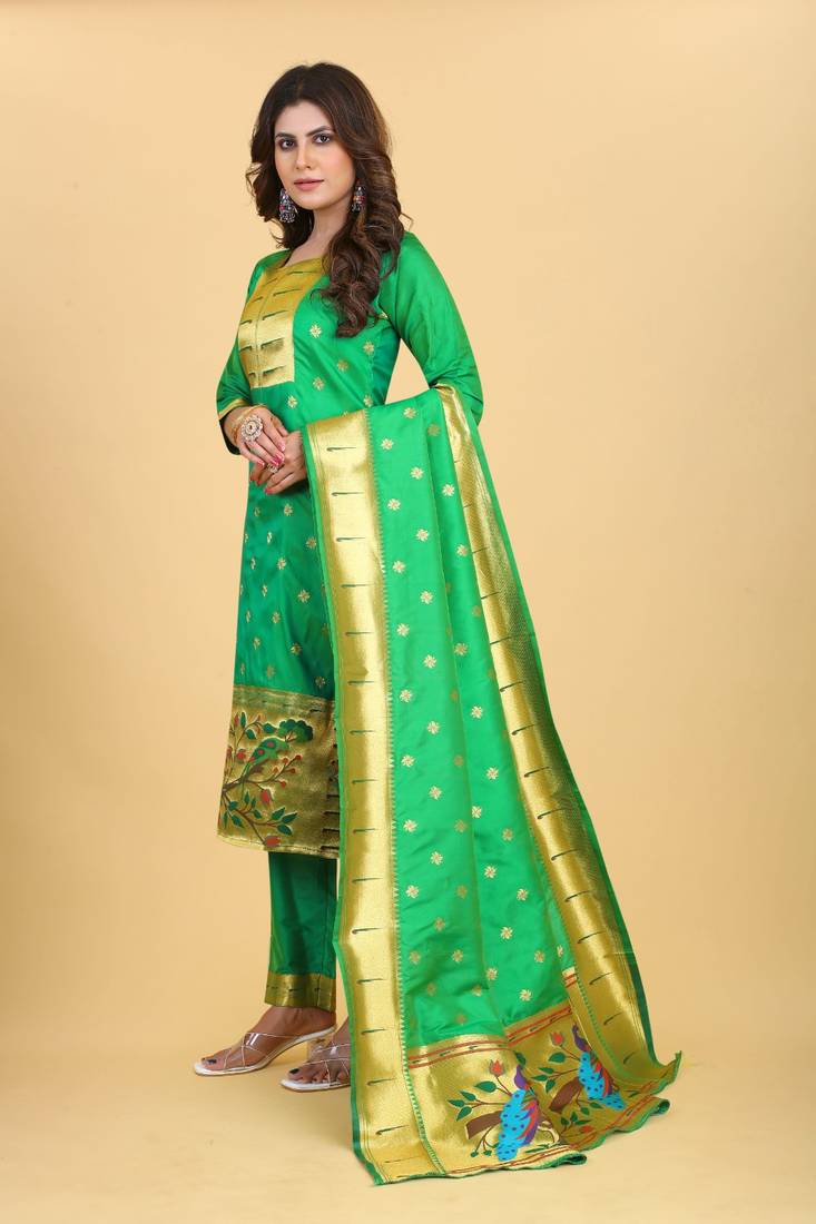 Green Color Banarasi Soft Silk Golden Zari Mill Print Weaving Salwar Kameez