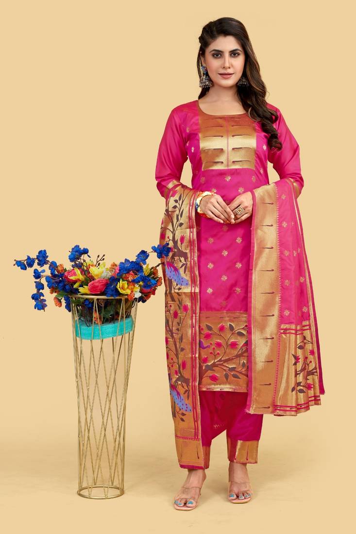 Pink Color Banarasi Soft Silk Golden Zari Mill Print Weaving Salwar Kameez