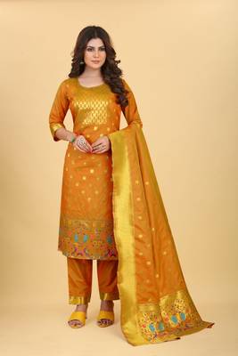 Orange Color Soft Banarasi Silk Golden Zari Weaving Dress Material 1
