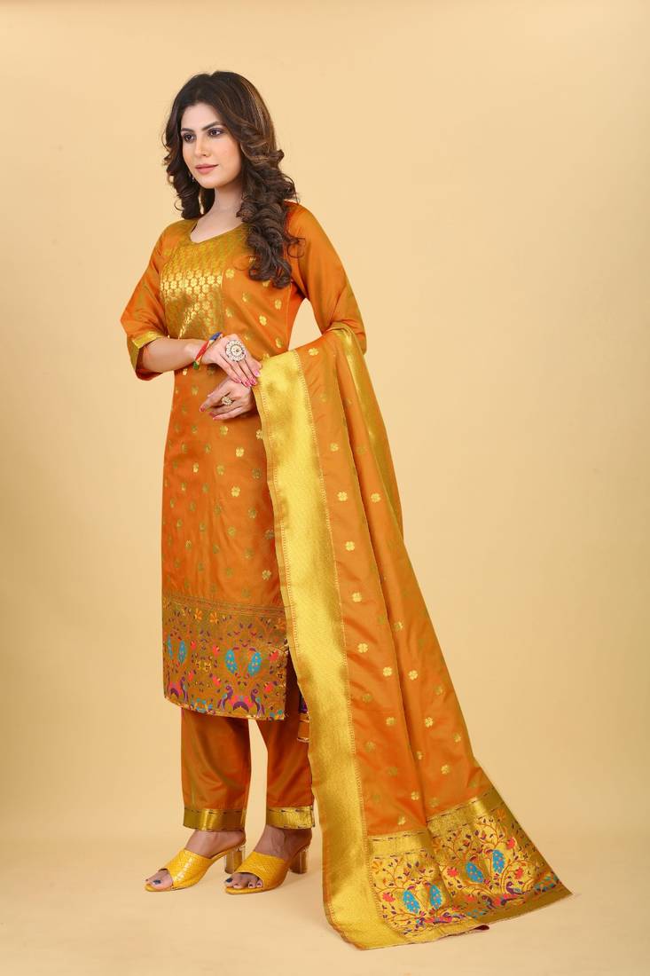 Orange Color Soft Banarasi Silk Golden Zari Weaving Dress Material