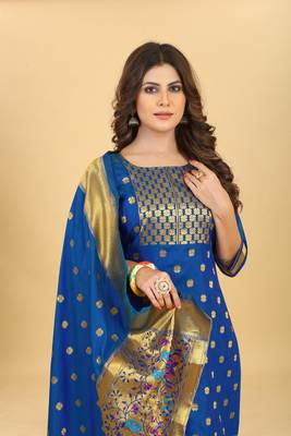 Blue Color Soft Banarasi Silk Golden Zari Weaving Dress Material 1