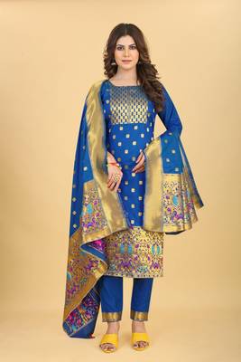 Blue Color Soft Banarasi Silk Golden Zari Weaving Dress Material 2