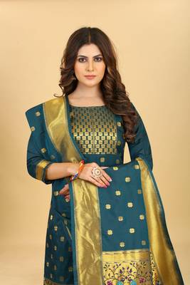 Blue Color Soft Banarasi Silk Golden Zari Weaving Dress Material 1