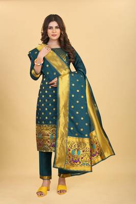 Blue Color Soft Banarasi Silk Golden Zari Weaving Dress Material 2