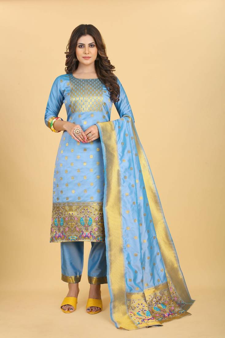 Light blue Color Soft Banarasi Silk Golden Zari Weaving Dress Material