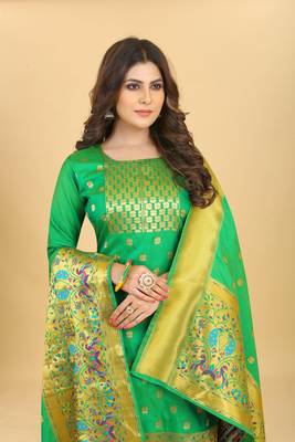 Green Color Soft Banarasi Silk Golden Zari Weaving Dress Material 1
