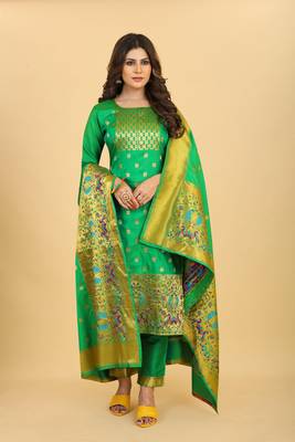 Green Color Soft Banarasi Silk Golden Zari Weaving Dress Material 2