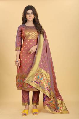 Maroon Color Soft Banarasi Silk Golden Zari Weaving Dress Material 2