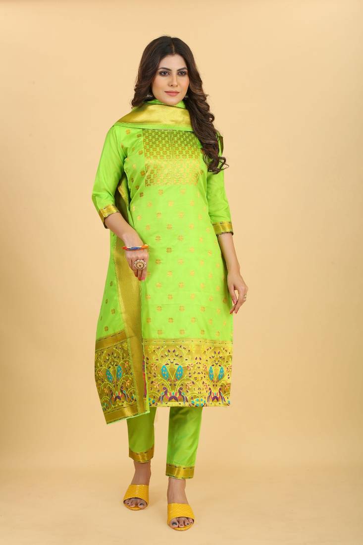 Skyblue Color Soft Banarasi Silk Golden Zari Weaving Dress Material