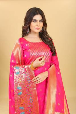 Pink Color Soft Banarasi Silk Golden Zari Weaving Dress Material 1