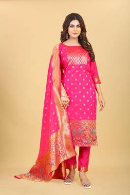 Pink Color Soft Banarasi Silk Golden Zari Weaving Dress Material 2