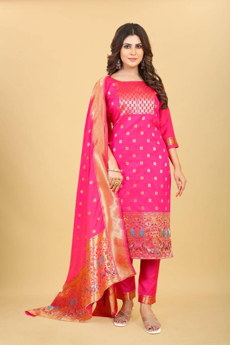 Pink Color Soft Banarasi Silk Golden Zari Weaving Dress Material