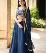 Navy Blue Georgette Mirror and Floral Embrodiered Lehenga Choli Set