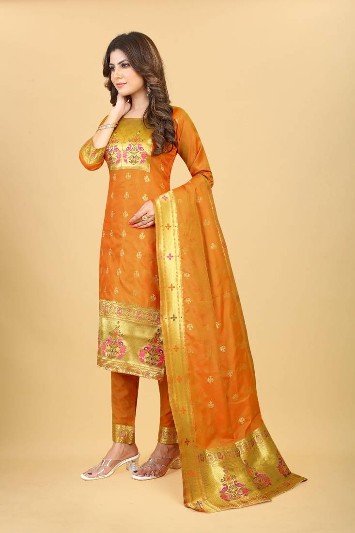 Orange Color Soft Banarasi Silk Golden Zari Weaving Dress Material