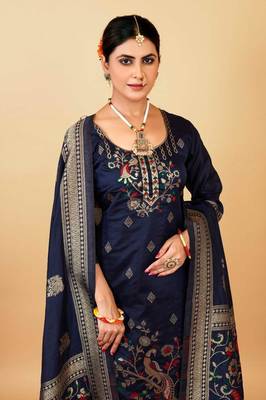 blue Color Banarasi Soft Silk Golden Zari Weaving Dress Material 1