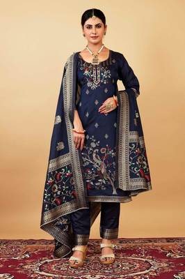 blue Color Banarasi Soft Silk Golden Zari Weaving Dress Material 2
