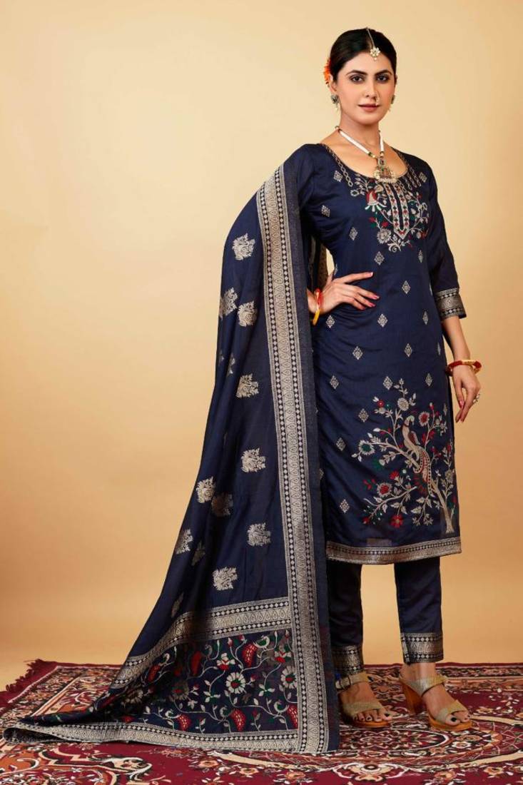 blue Color Banarasi Soft Silk Golden Zari Weaving Dress Material