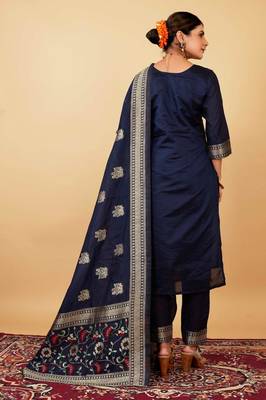 blue Color Banarasi Soft Silk Golden Zari Weaving Dress Material 4