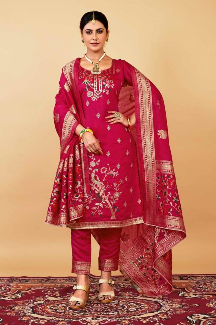 Pink Color Banarasi Soft Silk Golden Zari Weaving Dress Material