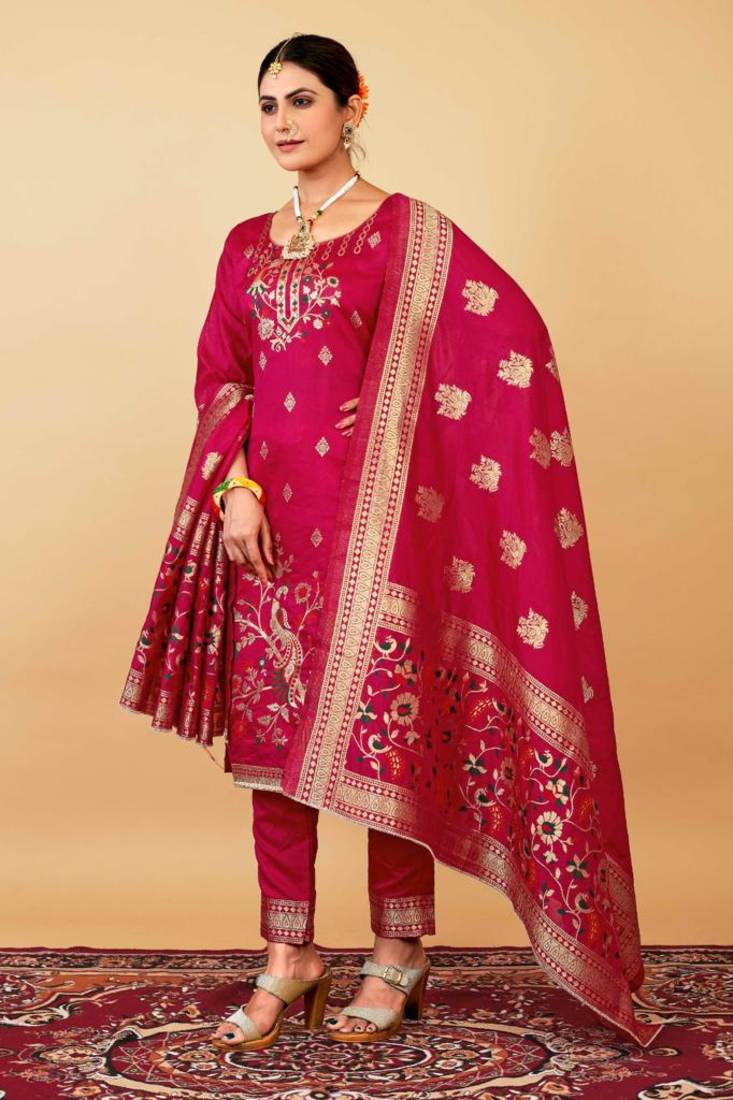 Pink Color Banarasi Soft Silk Golden Zari Weaving Dress Material
