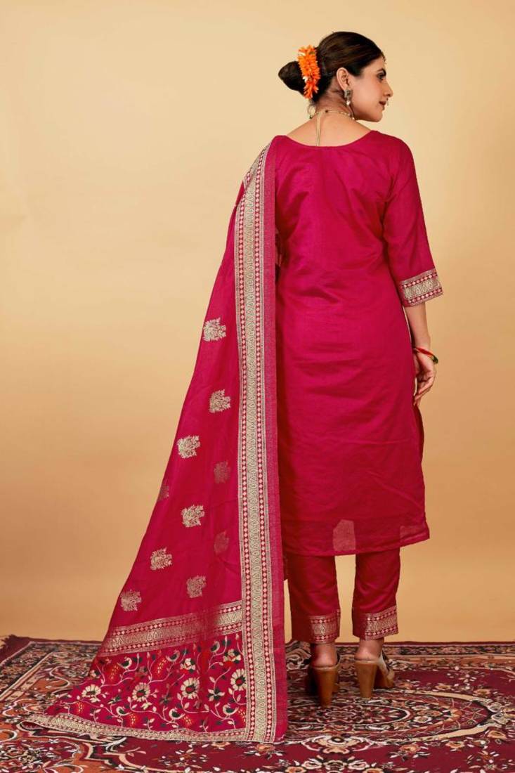 Pink Color Banarasi Soft Silk Golden Zari Weaving Dress Material