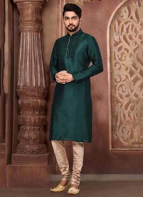 Green plain art silk kurta-pajama 1