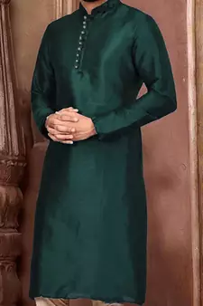 Green plain art silk kurta-pajama
