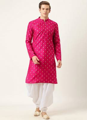 Pink printed art silk dhoti-kurta 1
