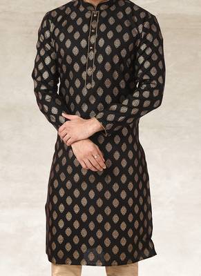 Black printed art silk men-kurtas 2