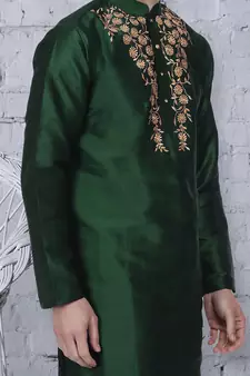 Green embroidered art silk men-kurtas