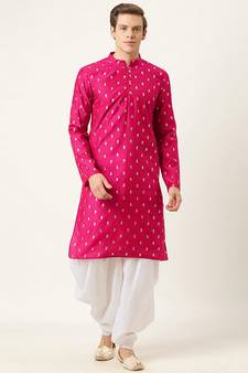 Pink printed art silk dhoti-kurta