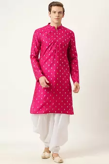 Pink printed art silk dhoti-kurta