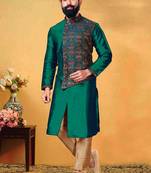 Green printed art silk sherwani
