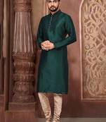 Green plain art silk kurta-pajama