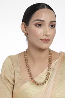 Traditional South Indian Stylish Multicolour Stone Work Long Necklace With Earrings For Women & Girls 