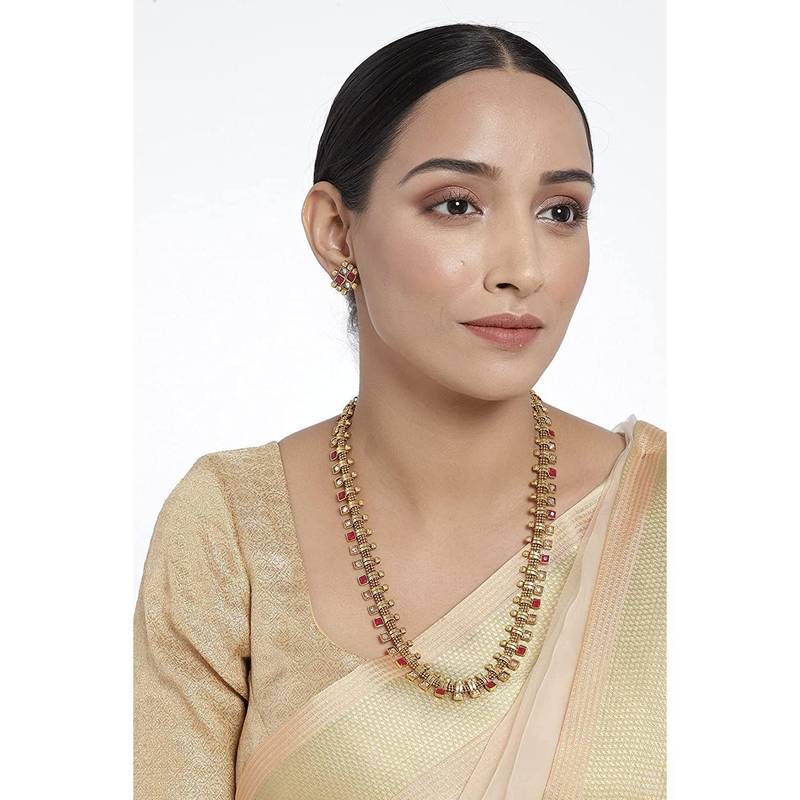 Traditional South Indian Stylish Multicolour Stone Work Long Necklace With Earrings For Women & Girls 