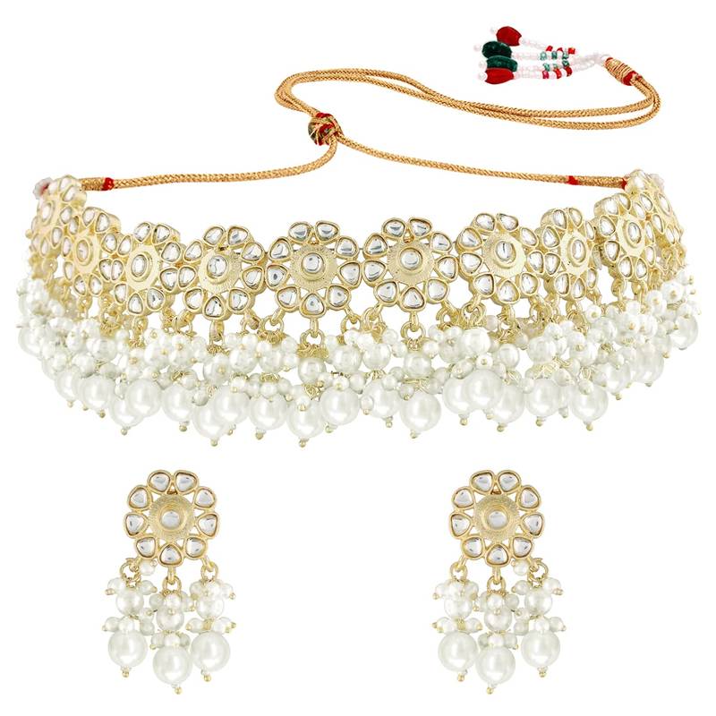 Traditional Kundan & Pearl Studded Choker Necklace Set For Women/Girls 