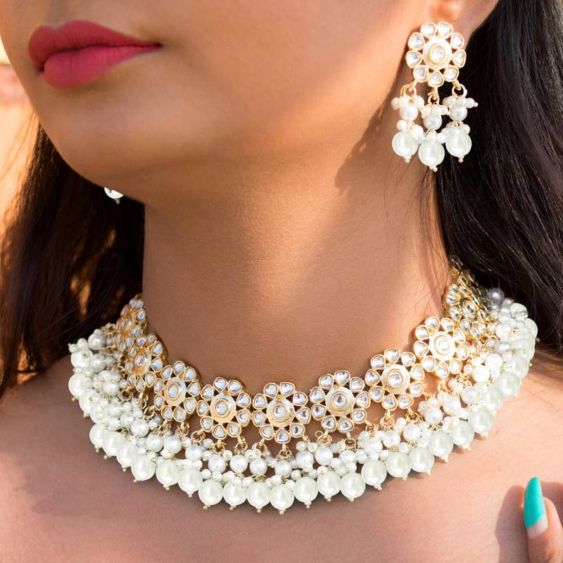 Traditional Kundan & Pearl Studded Choker Necklace Set For Women/Girls 