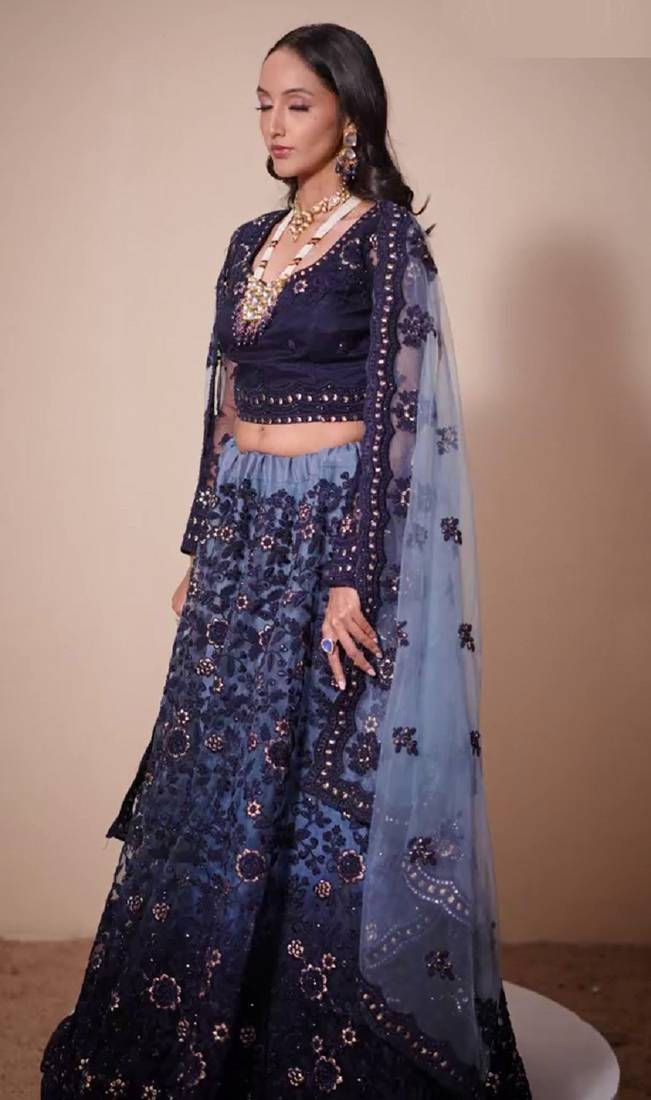 Blue Thread & Badla Embroidered With Four Side Cut Work Embellished Designer Wedding Lehenga