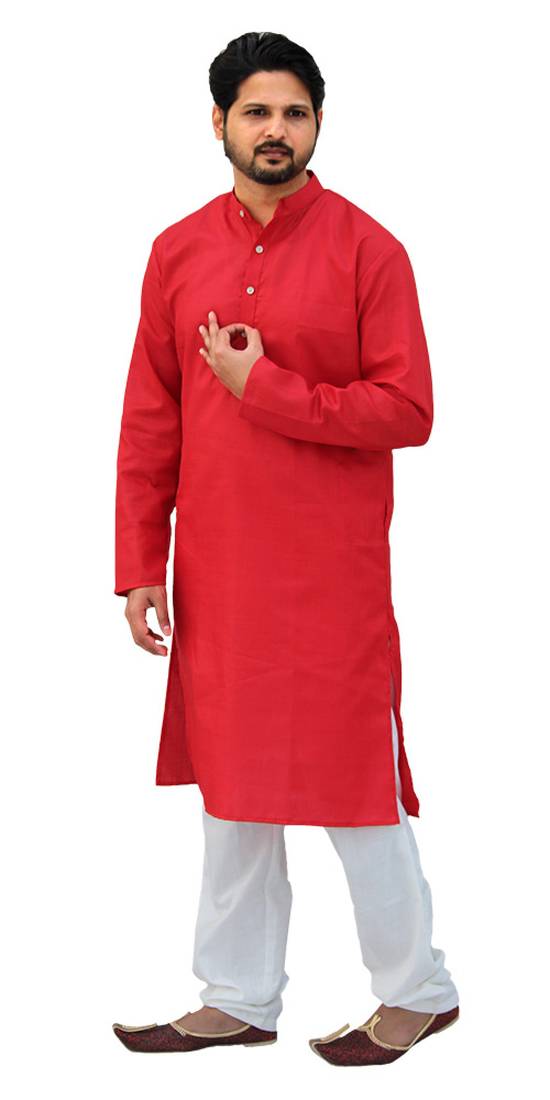 Om Shubh Mangalam Men's Red Cotton Plain Kurta White Pajama