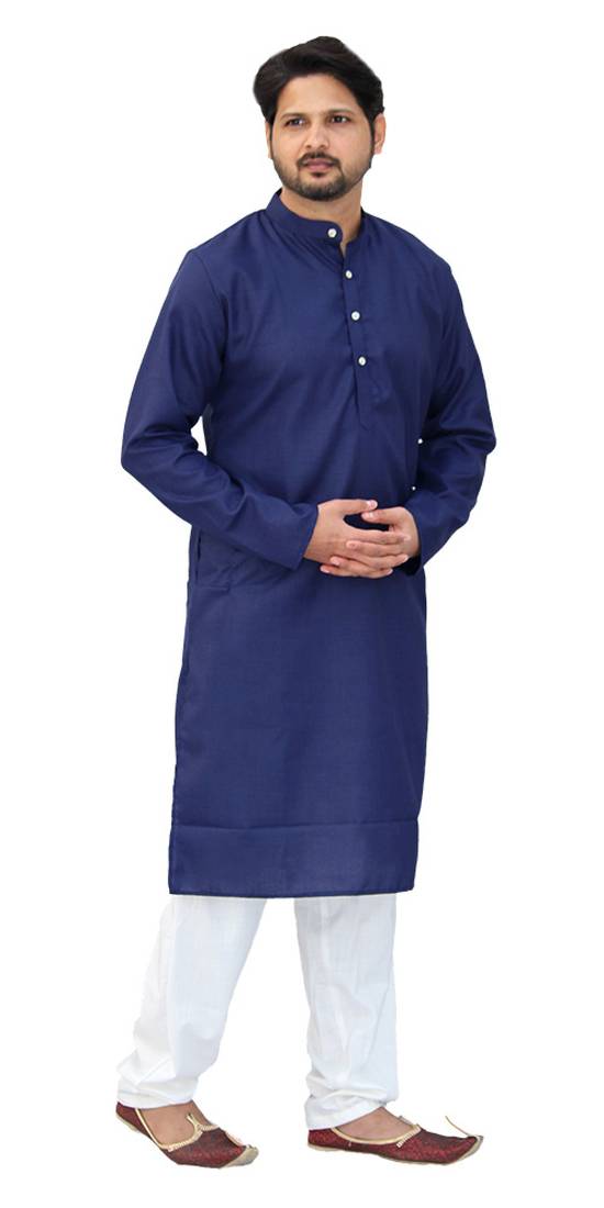 Om Shubh Mangalam Men's Navy Blue Cotton Plain Kurta White Pajama