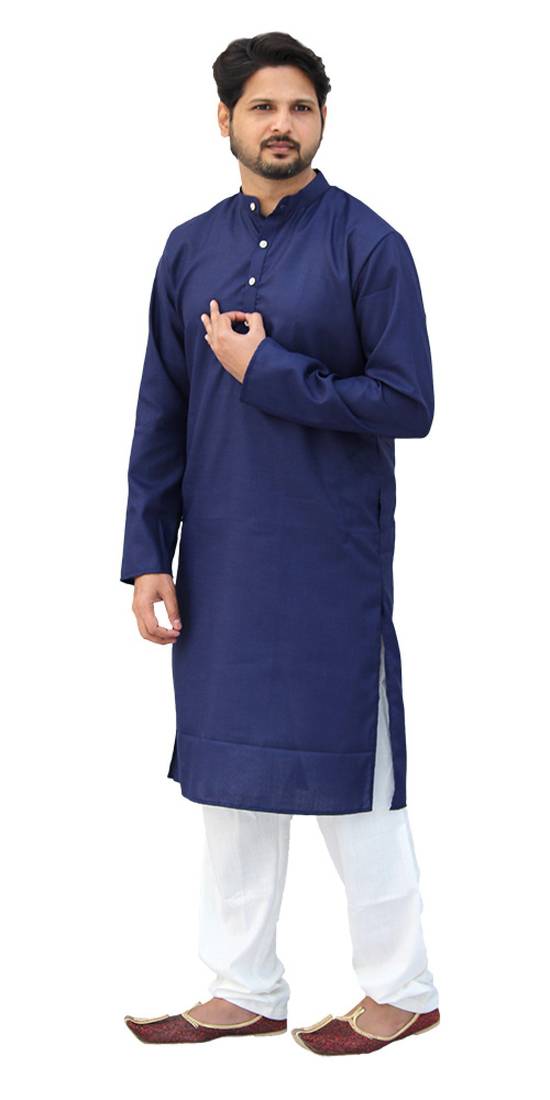 Om Shubh Mangalam Men's Navy Blue Cotton Plain Kurta White Pajama